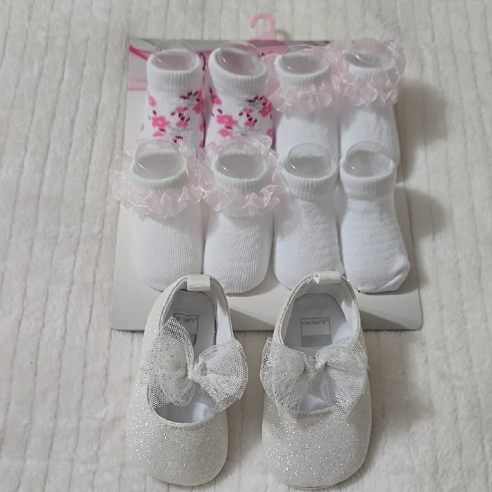 White Infant Socks with Pink Accents - Picture 1 of 6